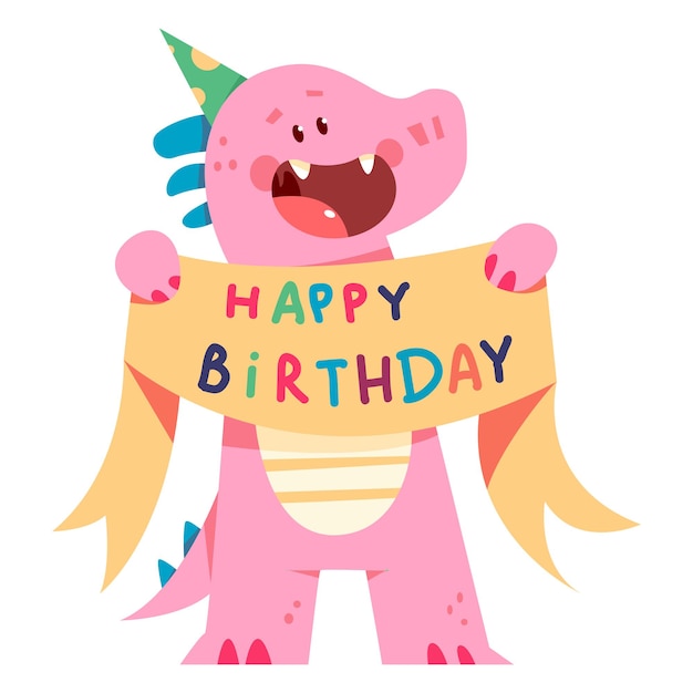 Dinosaurio lindo con personaje de dibujos animados de vector de feliz cumpleaños de banner de cinta aislado sobre fondo blanco.