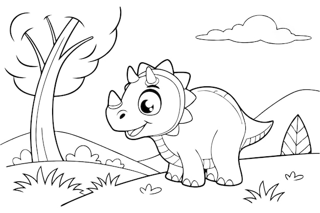 dinosaurio lindo un poco de hierba y un libro de colorear árboles