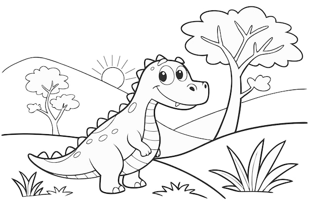 dinosaurio lindo un poco de hierba y un libro de colorear árboles