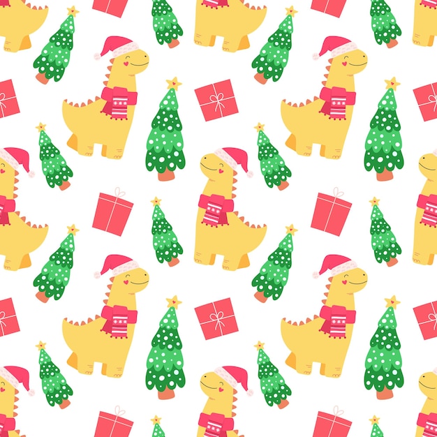 Dinosaurio lindo, regalos para Navidad y año nuevo. Patrón sin costuras para envolver, tela, papel tapiz.
