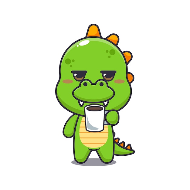 dinosaurio mascota personaje de dibujos animados ilustración vectorial está cansado y somnoliento sosteniendo café