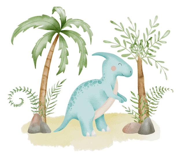 Vector dinosaurio en la naturaleza acuarela ilustración vectorial dibujada a mano en un fondo aislado dino y palmeras para una camiseta de dibujos animados linda para niño o niña para tarjeta de cumpleaños o invitación a la ducha de bebé