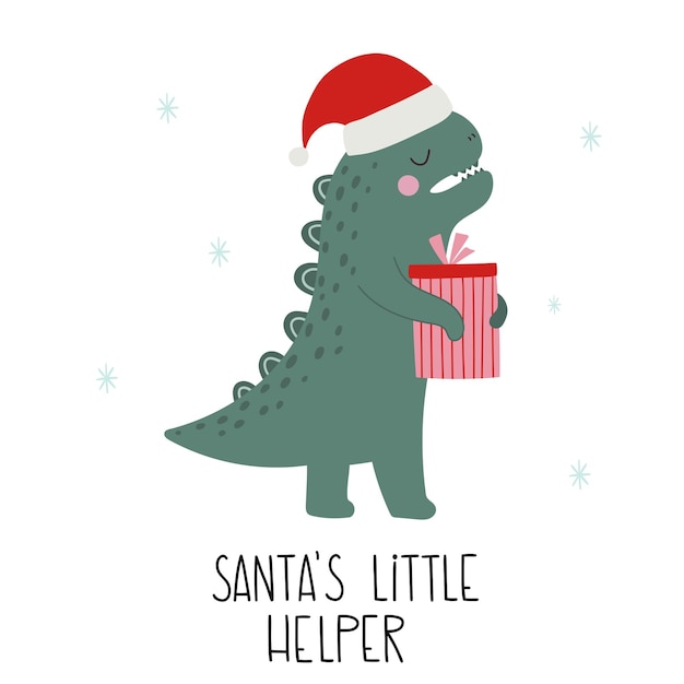 Dinosaurio de Navidad Hand lettering Santas pequeño ayudante ilustración vectorial