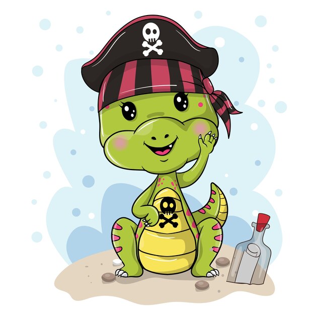 Dinosaurio pirata de dibujos animados lindo sobre un fondo blanco