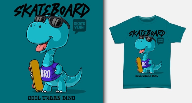 Vector dinosaurio que lleva una patineta. con diseño de camiseta.