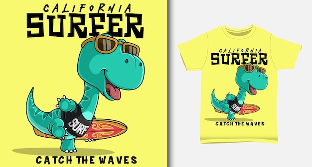 Dinosaurio que lleva una tabla de surf. con diseño de camiseta.