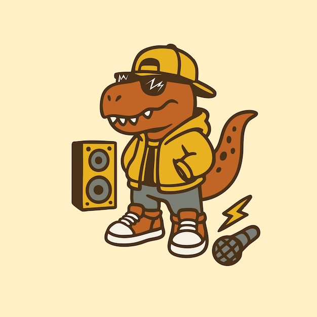 el dinosaurio rapero de dibujos animados de pie frente al altavoz