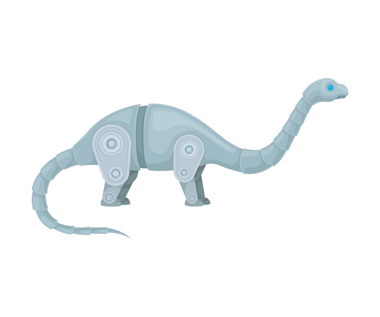 Vector dinosaurio robot de metal con un cuello largo y ojos azules ilustración vectorial sobre un fondo blanco