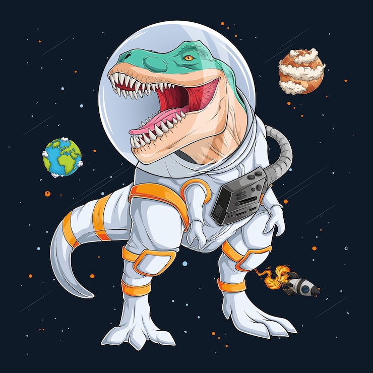 Vector dinosaurio t rex divertido dibujado a mano con traje espacial cosmonauta astronauta t rex sobre cohetes y planetas