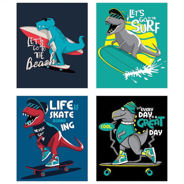 Dinosaurio t-rex surfeando y patinando, conjunto de ilustraciones para niños