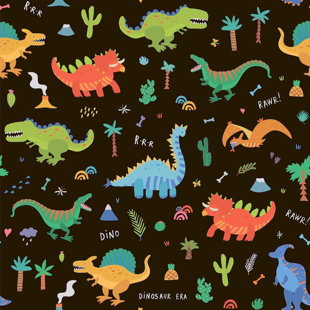 Dinosaurio vector inconsútil doodle patrón dibujado a mano