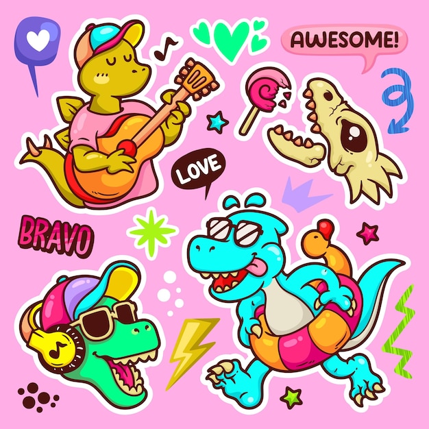 Dinosaurios Adhesivo Balón dibujado a mano Colección vectorial de elementos de Doodle