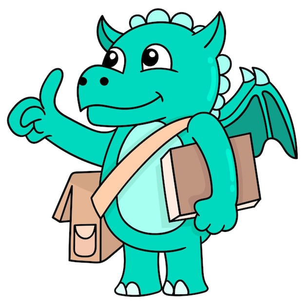 Los dinosaurios alados que llevan libros estudiarán a la escuela, arte de la ilustración del vector. imagen de icono de doodle kawaii.