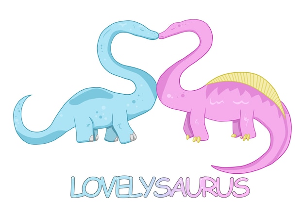 Dinosaurios con besos de cuello largo y forma de corazón entre ellos.