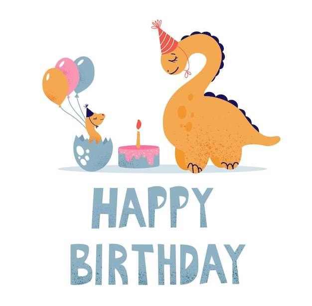 Los dinosaurios celebran su cumpleaños con un pastel y globos.