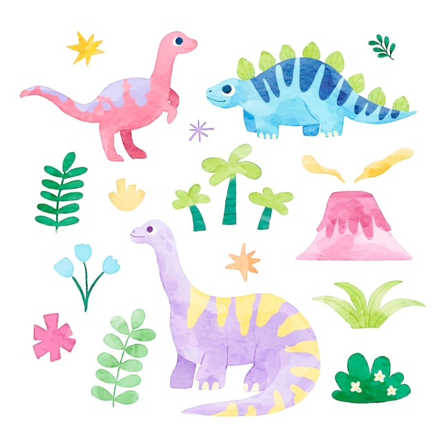 Dinosaurios dibujados a mano con elementos de acuarela