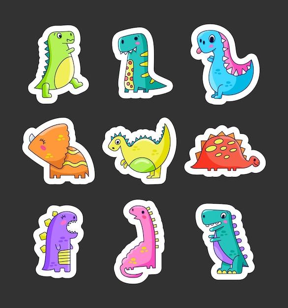 Dinosaurios de dibujos animados divertidos Caracteres de Dino Cutios Estampado Marcador Estilo dibujado a mano