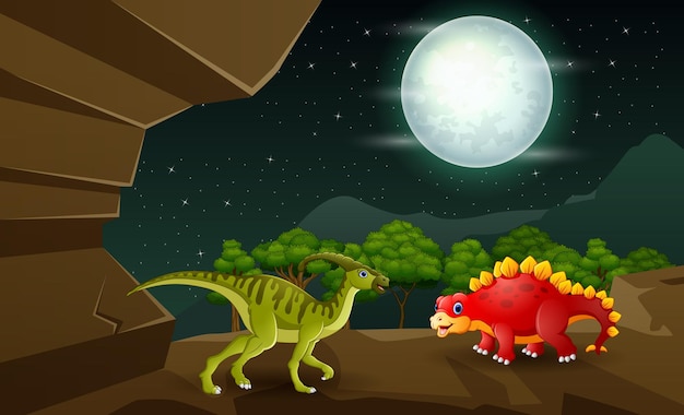 Dinosaurios de dibujos animados jugando en la ilustración del paisaje nocturno