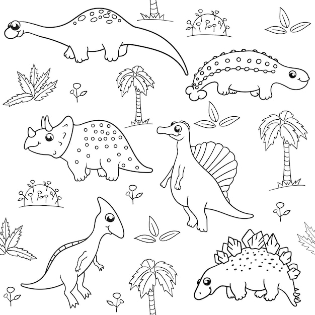 Dinosaurios de dibujos animados de patrones sin fisuras para colorear libros