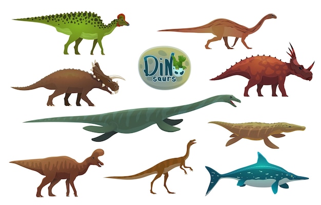 Vector dinosaurios de dibujos animados personajes de reptiles antiguos personajes vectoriales de reptiles prehistóricos personajes de mussaurus elaphrosaurus avaceratops y corythosaurus lambeosaurus styracosaurus personajes de dinosaurios