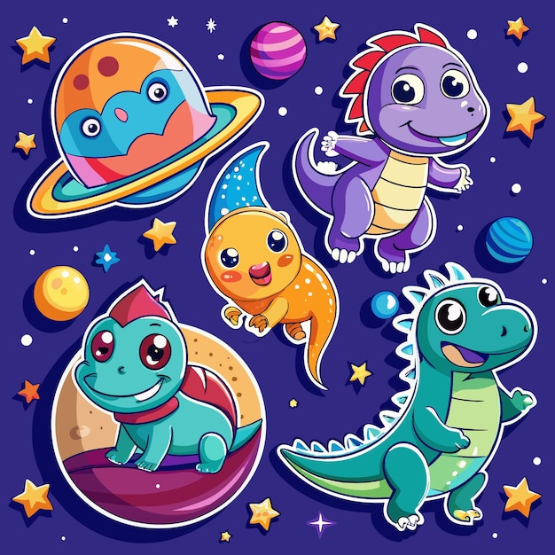 Dinosaurios de dibujos animados y planetas en el espacio