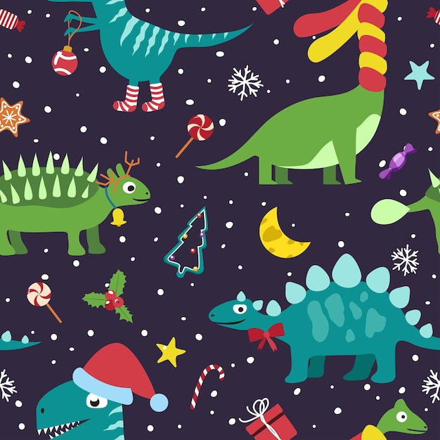 Dinosaurios divertidos de Navidad, patrones sin fisuras.