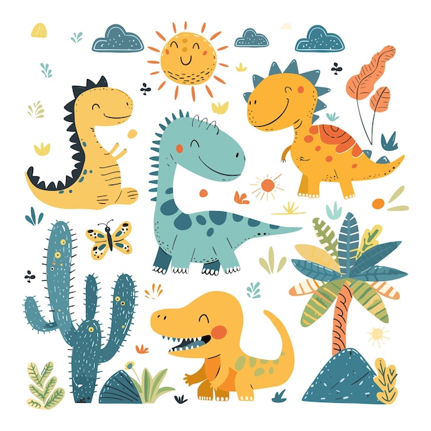 Vector dinosaurios juguetones sonriendo con cactus y sol en una ilustración divertida