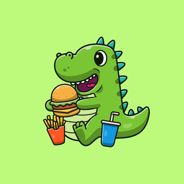 Dinosaurios lindos comiendo hamburguesa ilustración. dino mascota personaje de dibujos animados.