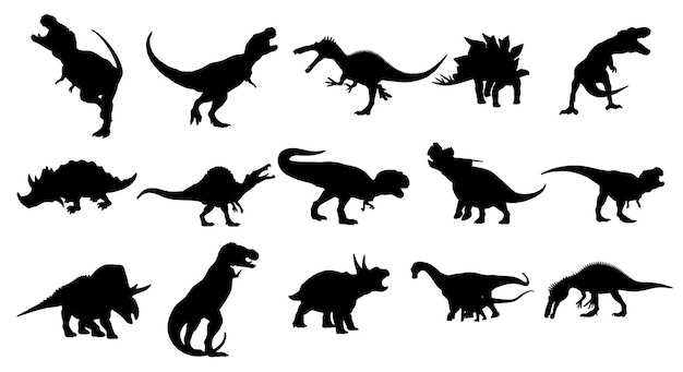 Los dinosaurios y los monstruos del dino jurásico silueta vectorial de triceratops o Trex brontosaurus
