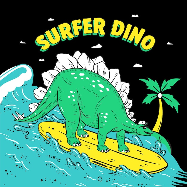 Dinosaurios navegando Cool Dino Vector Illustration Playa y ola Diversión y lindos dinosaurios