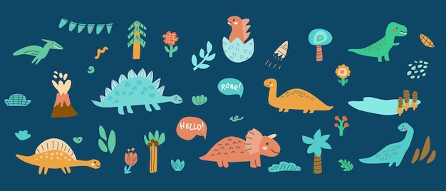 Dinosaurios para niños con animales bebés de fondo Personajes de dinosaurios