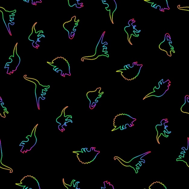 Dinosaurios en patrones sin fisuras de colores neón Vector dino silueta patrón sin fisuras