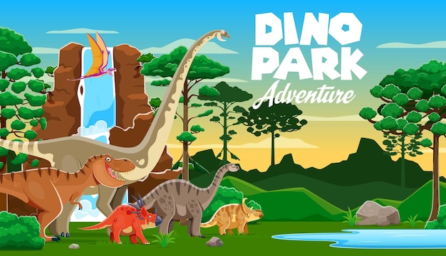Los dinosaurios prehistóricos en el paisaje del parque de dinosaurios