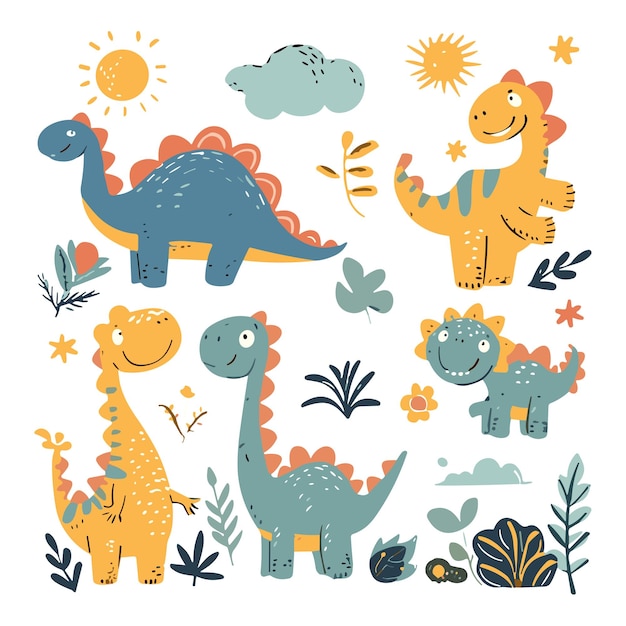 Dinosaurios sonrientes con soles y plantas en una ilustración alegre