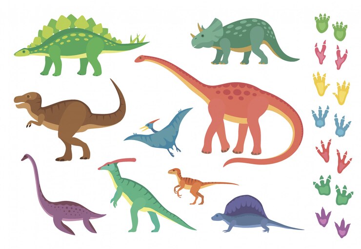 Vector dinosaurios y sus huellas