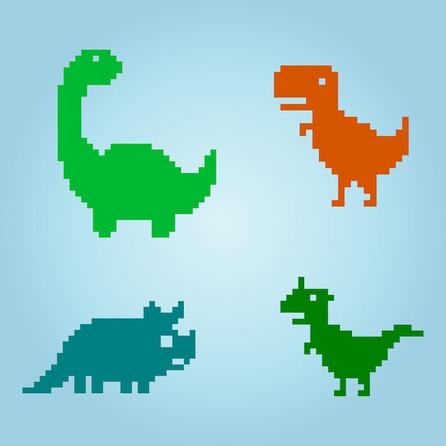 Dinosaurios trex de píxeles de 8 bits animales en ilustraciones vectoriales para patrones de punto de cruz