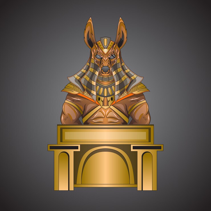 Vector dios egipcio anubis perro dorado mitología egipcia tecnología moderna acero para diseño de ropa