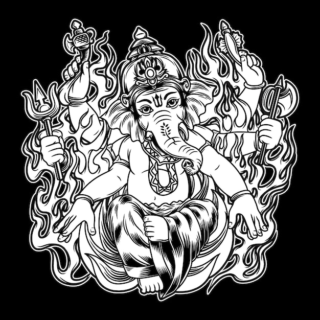 Dios ganesha posición sentada ilustración en blanco y negro