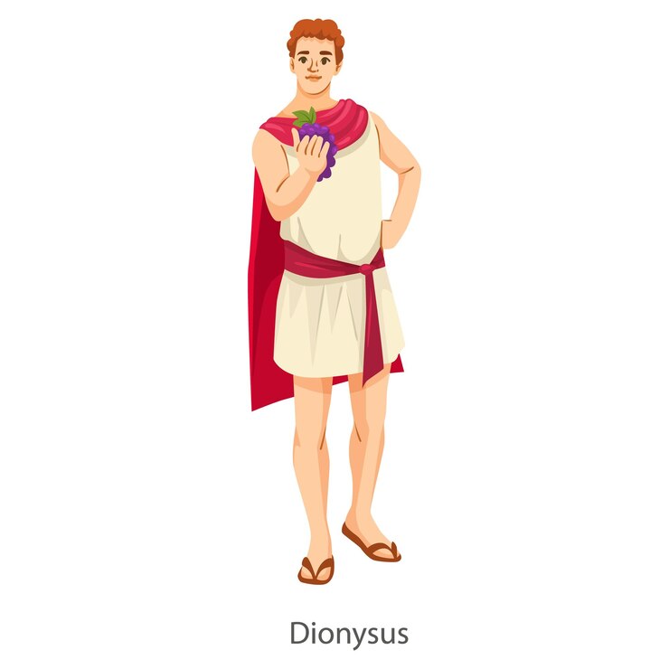 Vector el dios griego dioniso sosteniendo uvas en trajes tradicionales ilustración vectorial