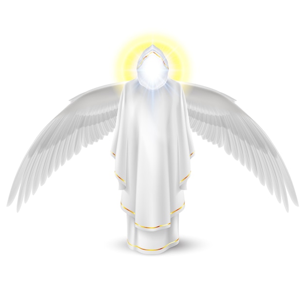 Dios guardián ángel en blanco con las alas hacia abajo. Imagen de arcángeles. Concepto religioso