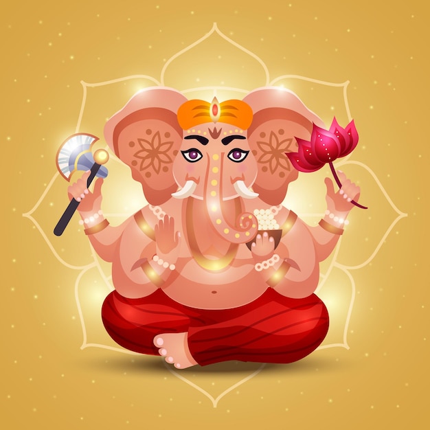 Dios hindú con cabeza de elefante ganesha sosteniendo una flor que irradia luz con un mandala de contorno