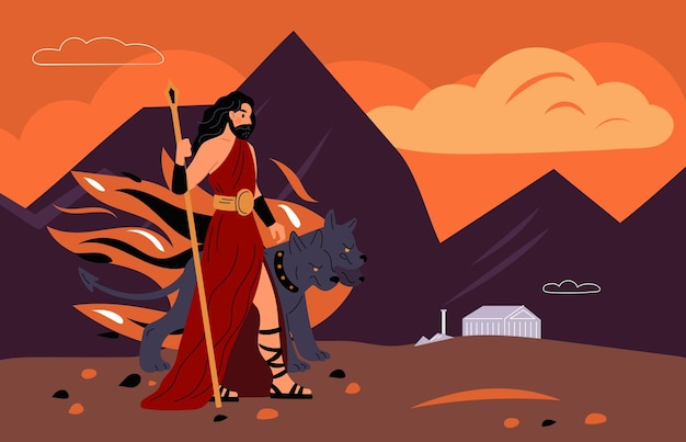 Vector dios supremo griego hades personaje de dibujos animados cerbero perro con cabezas mitología antigua persona divina paisaje de montaña mitológico romano plutón deidad griega concepto vectorial garish