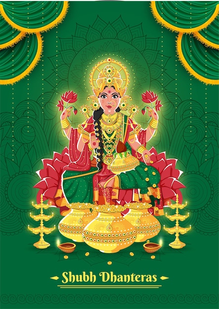 Diosa Laxmi con lámpara dorada y olla sobre fondo verde con Shubh Dhanteras Hindi Text