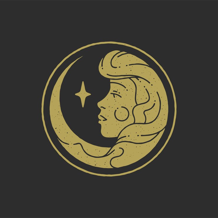 Diosa de mujer mágica con cabello largo y estrella redondeada marco dorado vector de textura grunge minimalista