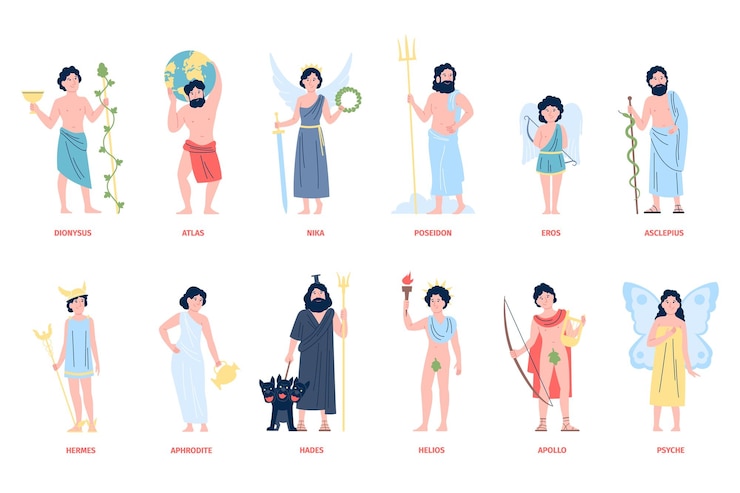 Vector dioses y diosas olímpicos griegos mitología de grecia personajes de dibujos animados cute eros y psyche afrodita y hermes mitos héroes conjunto vectorial reciente