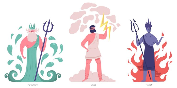 Vector dioses griegos antiguos. principales dioses olímpicos griegos, zeus, poseidón y hades