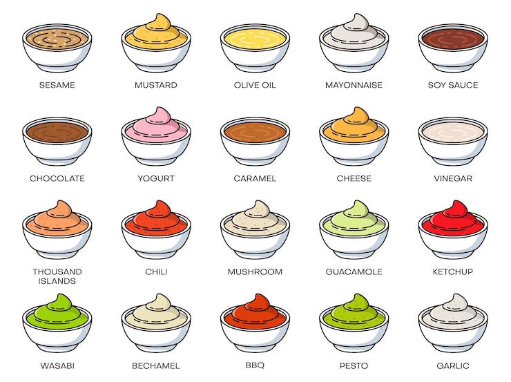 Vector dip salsa bowl iconos ketchup mostaza mayonesa