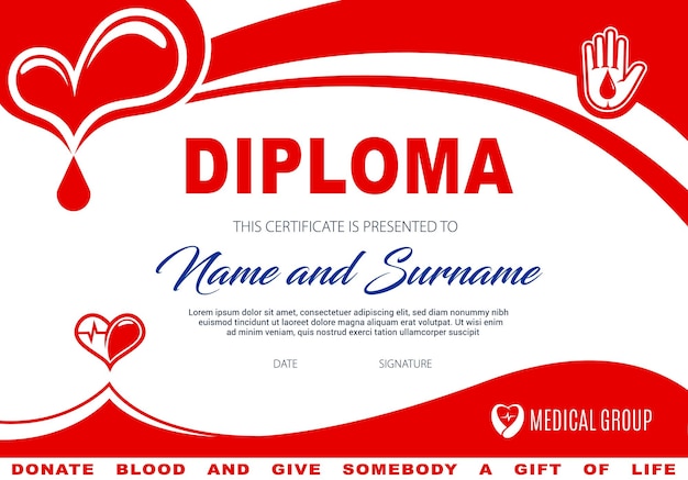 Diploma para certificado de donación de sangre o plasma