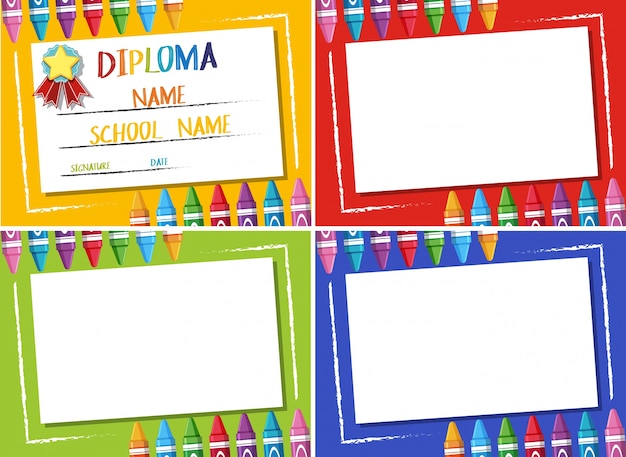 Vector diploma y cuatro colores diferentes de fondo con crayones