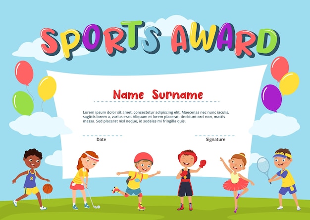 Vector diploma de deporte para niños plantilla de premio de escuela de certificado de niño activo con niños y niñas felices practicando deportes vector de dibujos animados ilustración